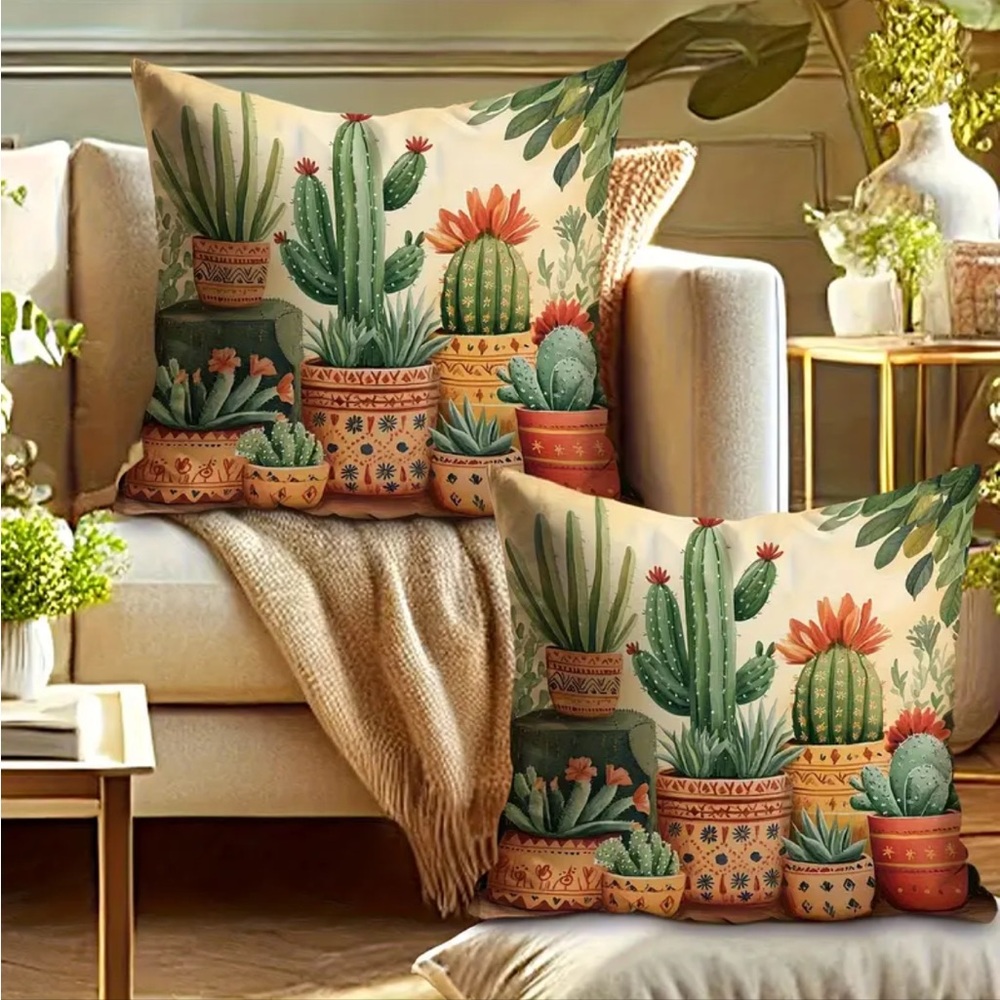 2 - Boho Cactus Throw Pillow Covers ~ Southwestern Desert Decor Neutral Accent